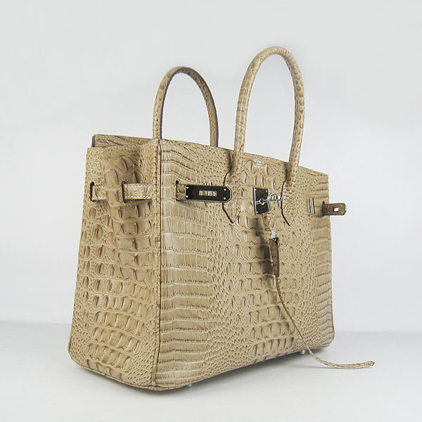 High Quality Fake Hermes Birkin 35CM Crocodile Head Veins Leather Bag Apricot 6089